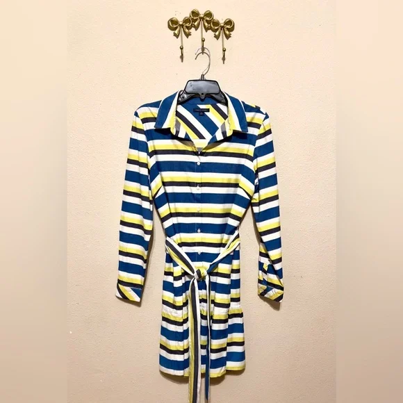 Tommy Hilfiger Blue and Yellow Striped Shirt Dress with Belt. Size 12 - Picture 1 of 6